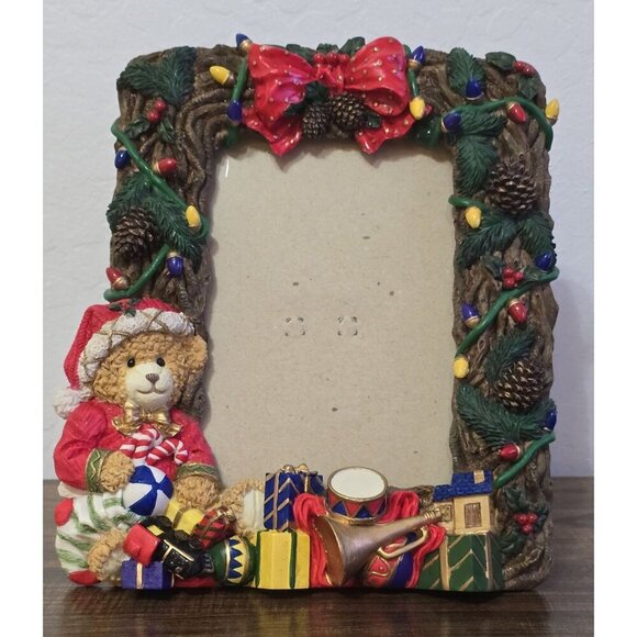 3D Christmas Teddy Bear Picture Frame With Festive Bow & Garland  4"x6" - Picture 2 of 8